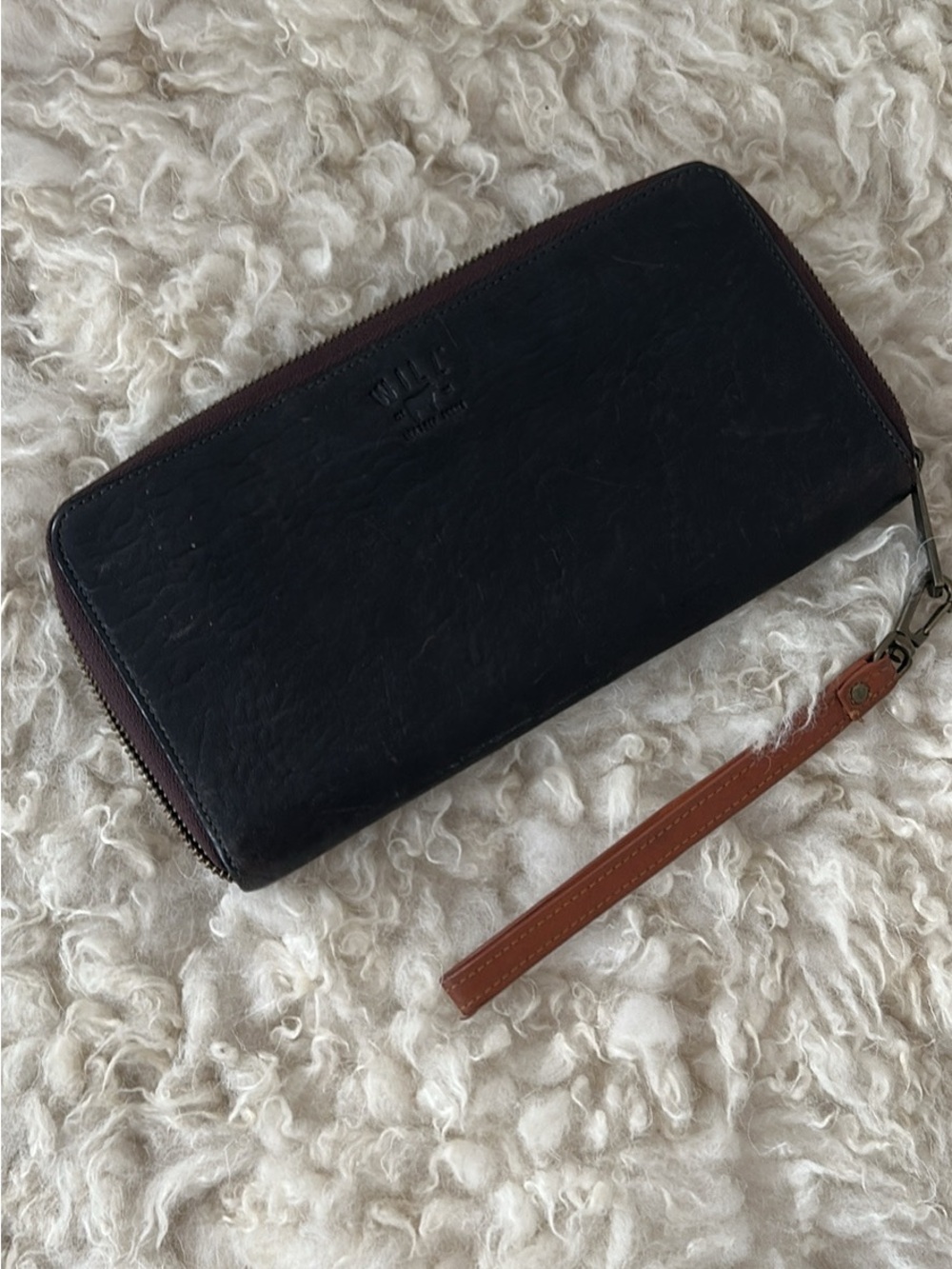 Brown Leather Zip Wallet with Brown Wrist Strap